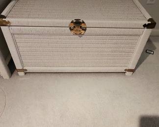 Vintage White Wicker Storage Trunk with Brass Hardware