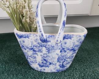 Blue and White Floral Ceramic Purse Vase with Gold Trim