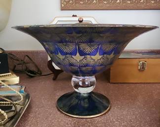 Antique Bohemian Cobalt Blue Glass Bowl with Gilded Cranes