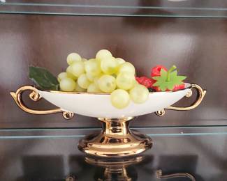 Vintage Fanquare White Pedestal Fruit Bowl with Gold Accents and Faux Fruit