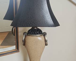 Vintage Urn Table Lamp with Textured Black Shade and Antiqued Brass Handles