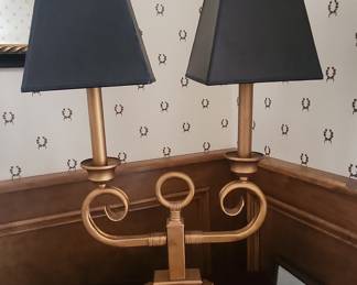 Vintage Hollywood Regency Double Arm Brass Table Lamp with Black Shades
