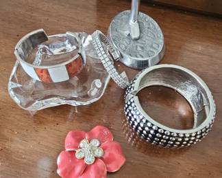 Assorted Costume Jewelry Lot with Enamel Flower Brooch and Bracelets