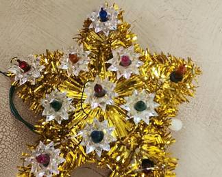 Vintage Lighted Gold Tinsel Star Tree Topper with Multi-Colored Lights