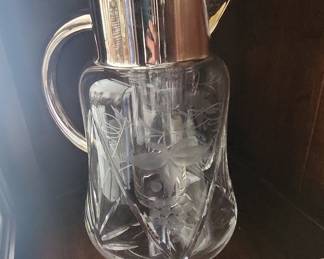 Vintage Cut Crystal Pitcher with Grapevine Etching and Silver-Plated Lid and Handle (likely German)