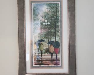 Framed Watercolor Painting of People with Umbrellas in the Rain by Russ Erickson