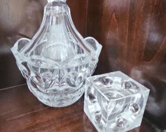 Fifth Avenue Crystal "Cherish" Pattern Candy Dish with Lid and Dice-Shaped Candle Holder