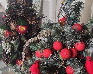 Tabletop Christmas Tree with Pinecones, Red Apples, Cardinals, and Glitter Accents