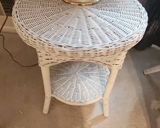 Vintage White Wicker Rattan Side Table with Lower Shelf