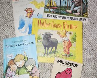 Collection of 5 Vintage Children's Books: Leo the Late Bloomer, Where the Wild Things Are, Beginning-to-Read Riddles and Jokes, Mother Goose Rhymes (Platt & Munk), and Mr. Greedy