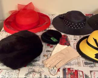 An Assortment of Hats, Gloves and Accessories. Two Pair of Deerskin Gloves Size 7-1/2 and 8-1/2