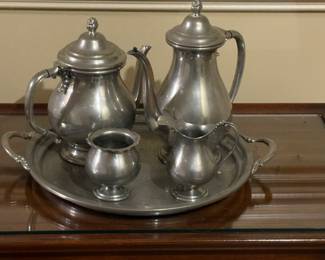 Shirley Pewter Coffee and Tea Service with Creamer and Open Sugar and Round Two Handled Tray   Hand Made