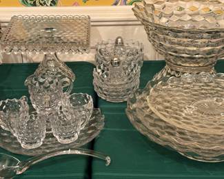 Wonderful Set of American Fostoria
Punch Bowl, Creamer/Sugar, Salt/Pepper, Trays and Bowls