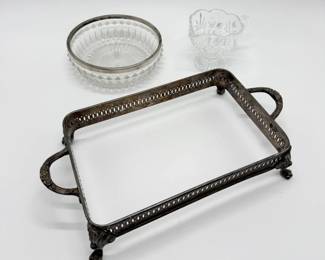 92 VintageSilverPlatedGalleryTrayCutGlassBowlCreamPitcher