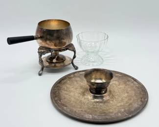 79 VintageSilverPlatedFonduePotChipDipSetGlassDessertDish