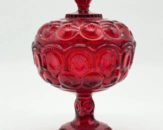 17 VintageLESmithRubyRedPressedGlassPedestalCandyDishwLid