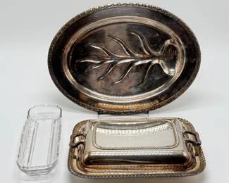 55 VintageGlassCeleryDishSilverPlatedMeatPlatterTureenwLid
