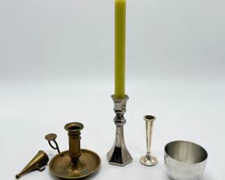 105 VintageBrassSilverPlatedCandleHoldersBudVasePewterCup