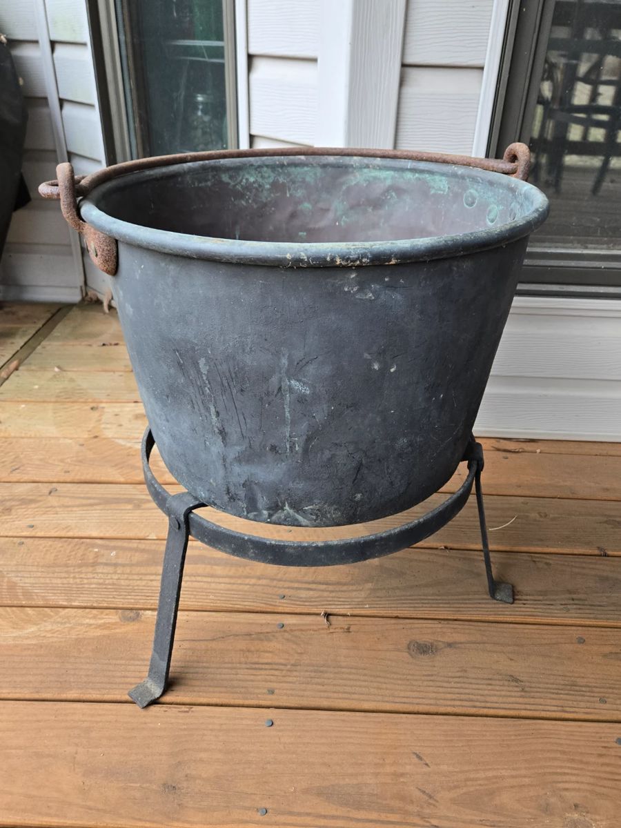 Antique Large Copper Cauldron With Stand