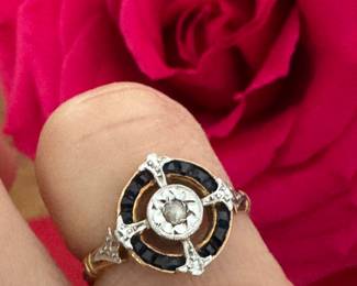 $295 - Antique Art Deco French ring 18Kt tested - Size 5 - diam & sapphire. could be a pinkie finger ring too. 