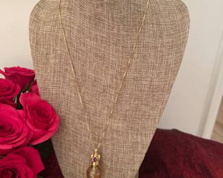 #5 - $550 - Loetz style glass by Artist John Gilvey perfume bottle 2 maethyst cabochon (one off) on 14kt gold chain 24".