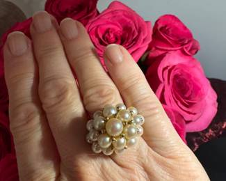 #13 - $1,150 - large cluster pearls ring, 14kt yellow gold setting. Size 6. 