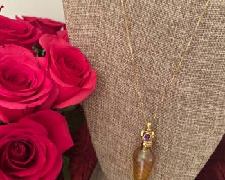 #5 - $550 - Loetz style by Artist John Gilvey glass perfume bottle 2 maethyst cabochon (one off) on 14kt gold chain 24".