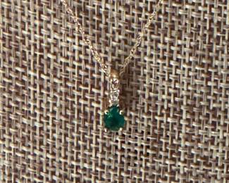 #37 - $280 - Emerald pedant & diam with 17"L chain. 14kt yellow gold. 1.2grs. 