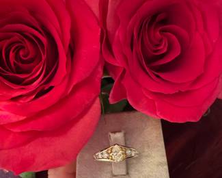 #27  - $575 - 1 ctw marquise & round diam ring. 0.35ctr - 3/4 to 1 ctw. sz 4 1/2. 14kt yellow gold setting. 