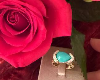 #23-9 - $550 - LE VIAN Persian turquoise rindg with diam 14kt yellow gold - 5.6 gr sz 7 - 