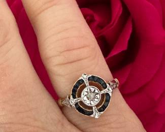$295 - Antique Art Deco French ring 18Kt tested - Size 5 - diam & sapphire. could be a pinkie finger ring too. 