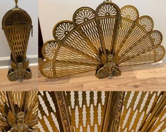 Vintage Victorian Gold Brass Fireplace Screen Cover Peacock Folding Fan