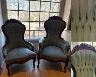 Pair of Victorian Rosa Lee style his and her high back chairs with a blue-grey velvet or velour upholstery.