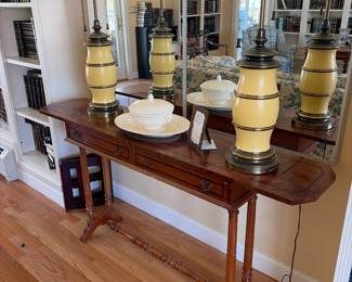 Console table with front draws  ends that drop down 