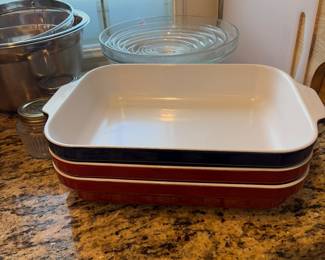 Stoneware, red and blue baking dishes