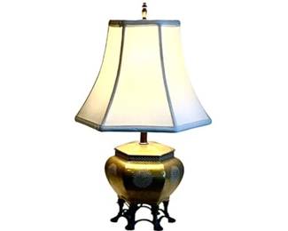 Brass Chinoiserie Inspired Lamp With Silk Shade