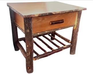 Hickory Furniture Adirondack Style Side Table With Drawer & Lower Shelf - Signed Old Hickory Shelbyville, IN
