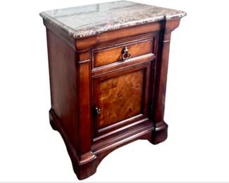 Thomasville Marble Top Bedside Cabinet - Bracket Feet, Central Cupboard, & Drawer