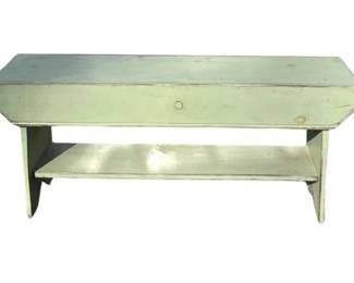 Vintage Farmhouse Style Primitive Green Painted Wooden Bench With Lower Storage Shelf