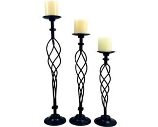 Set Of Three Black Twisted Metal Pillar Candle Holders
