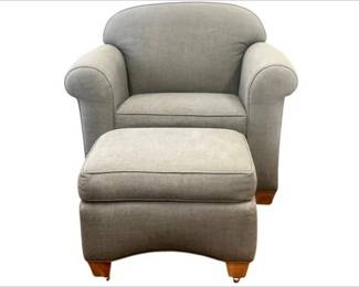 Footed Club Chair & Ottoman On Brass Casters - Grey/Blue Upholstery