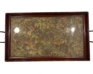 Vintage Tray With Floral Textile Inlay With Brass Handles
