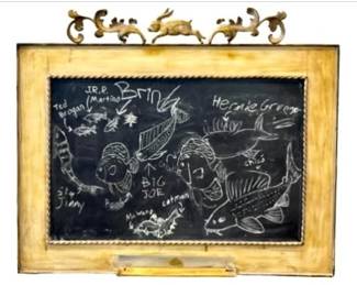 Framed Brushed Metal Chalkboard With Figural Bunny & Scroll Ornaments - 38 X 33 Inches