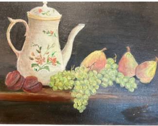 Original Still Life Painting - Flower Teapot & Fruit - Signed Lower Right Corner