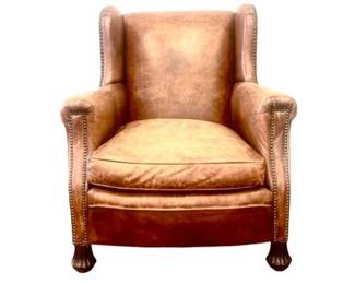 Leather Footed Wing Chair With Brass Tacking - Fluted Paw Foot Design