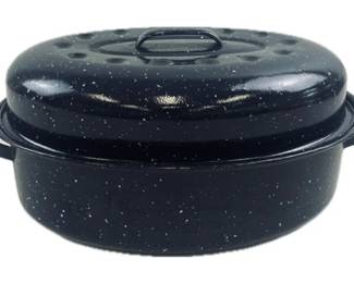 Vintage Black Speckled Enamel -Oval Roaster Pan W/Lid