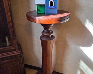Antique Mahogany Pedestal Plant Stand with Folk Art Birdhouse