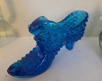 Fenton Colonial Blue Hobnail Glass Cat Head Slipper Shoe