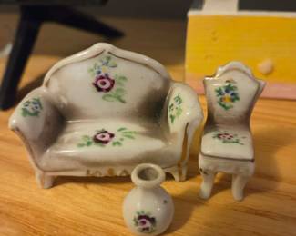 Occupied Japan Miniature Porcelain Sofa, Chair, and Vase Set