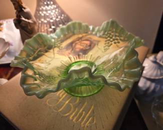 Green Opalescent Glass Jesus and Grapes Footed Bowl by Fenton or Jefferson